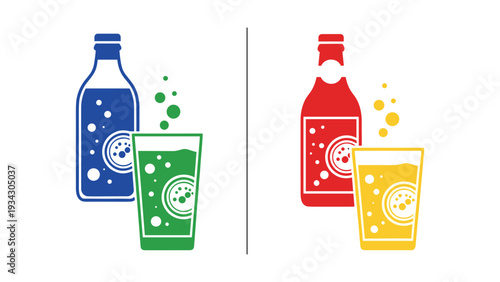 Colorful soda bottles and glasses with effervescent effects