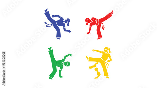 Colorful cartoon characters performing dynamic martial arts poses