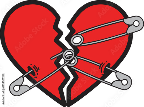 Broken Heart Held Together by Safety Pins Illustration