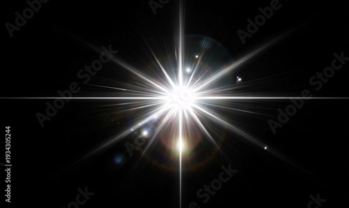 Bright star radiating light against black space background