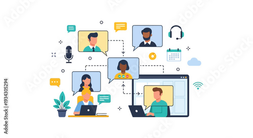 Virtual Team Collaboration: Online Video Call, Remote Work & Meeting Concept Illustration