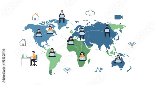 Global Remote Work Network and Distributed Team Collaboration Concept. Diverse Professionals Working from Home Worldwide, Connected by Digital Technology.