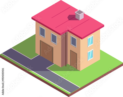 Modern isometric suburban house with red roof and driveway