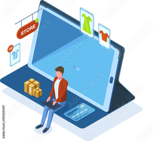 Person buying clothes online using laptop and tablet