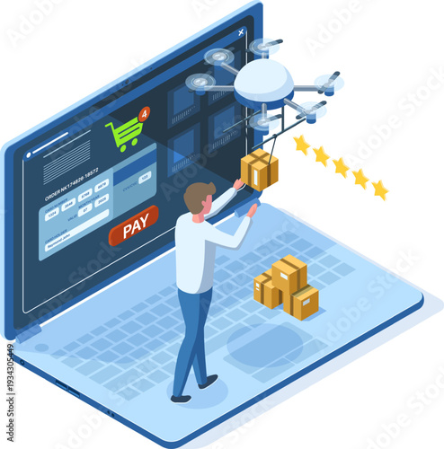 Man receiving drone delivery from online payment system