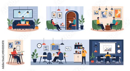 Modern Flexible Workspaces & Hybrid Collaboration. Diverse scenes of individuals and teams working remotely, in co-working spaces, and traditional offices.
