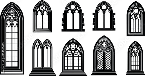 Gothic cathedral arched window collection vector art showing ornate tracery and stained glass patterns in black and white front view symmetrical arch