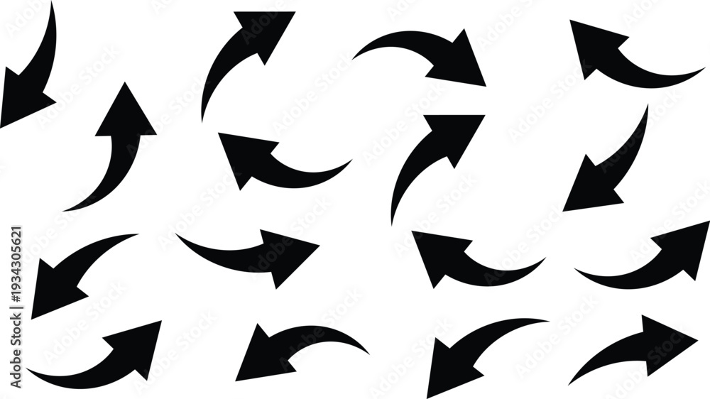 Fototapeta premium A comprehensive assortment of numerous black curved arrow icons pointing in various directions symbolizing navigation direction movement progress choices decisions and flow