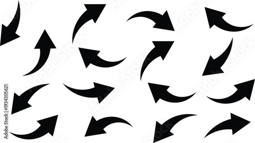 A comprehensive assortment of numerous black curved arrow icons pointing in various directions symbolizing navigation direction movement progress choices decisions and flow