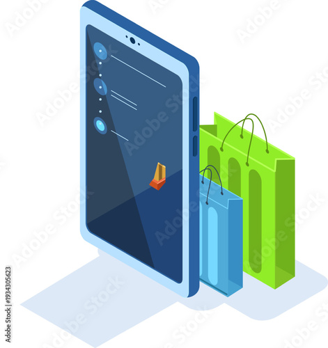 Smartphone displaying online shopping list with paper bags