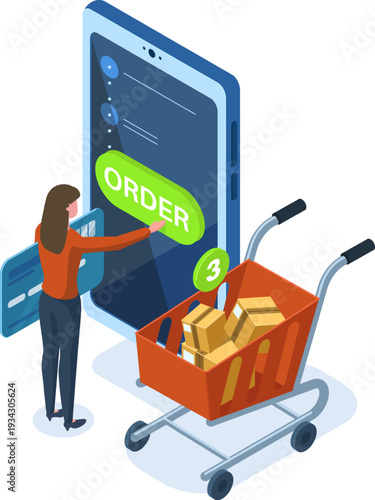 Woman ordering products online using smartphone application