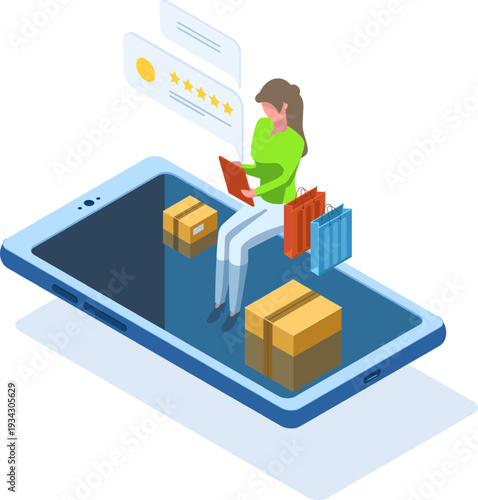 Woman reviewing online shopping experience on large smartphone