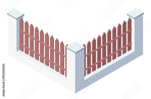 Isometric wooden picket fence corner illustrating property boundary