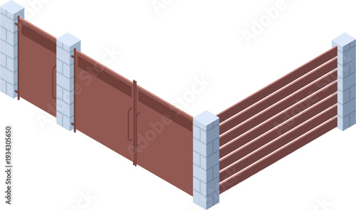Isometric brown wooden fence and private gate structure