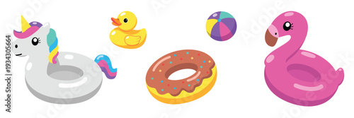 Cute summer pool float set flat vector illustration with unicorn ring, flamingo inflatable, rubber duck and donut swim tube, colorful playful design for seasonal branding