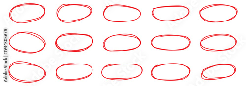 Set of hand drawn red circles and ovals. Highlight circle frames in red color. Ellipses in doodle style. Abstract Vector Brush Stroke Collection.