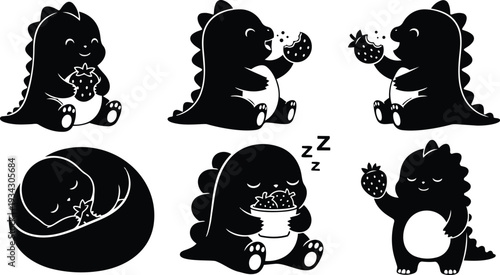 Minimalist silhouette vector set of cute baby dinosaur holding and eating strawberry in sitting and sleeping poses front and side views black and white icon collection