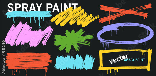 Graffiti spray paint squiggly lines with drips, paint splatters set. Aerosol effect grunge vector. Curly strokes with loops, blots, bold brush drawn underlines. Hand drawn colored street art elements.