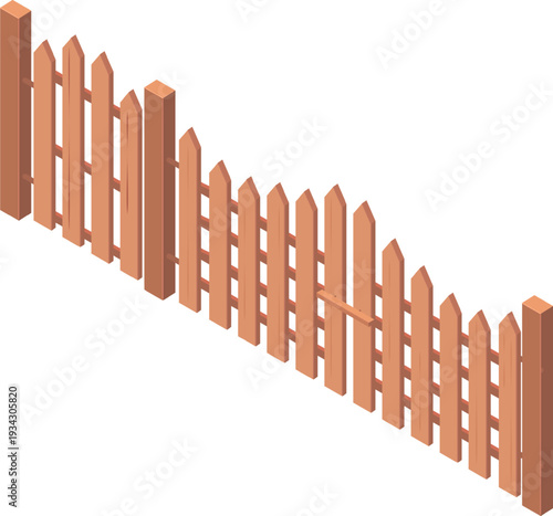 Broken wooden picket fence isometric vector illustration