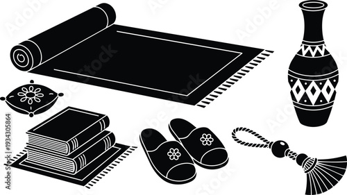 Minimalist vector art top view rolled prayer rug with decorative pillow stacked books slippers ornate vase and tassel flat black silhouette mockup style close up scene