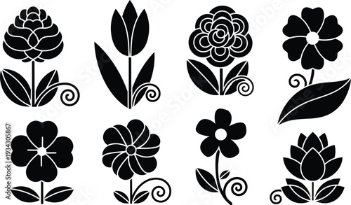 Vector art close up set of eight floral icon silhouettes in flat design front view black and white simple decorative elements including svg png mockup collection