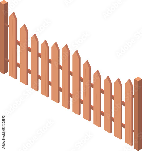 Wooden picket fence isometric design element decreasing height