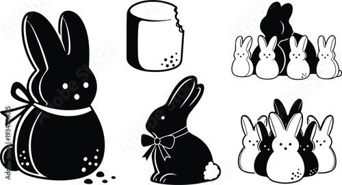 Minimalist black and white vector art close up marshmallow bunny with bite mark and ribboned rabbit group peep candies silhouette front facing easter design simple icon