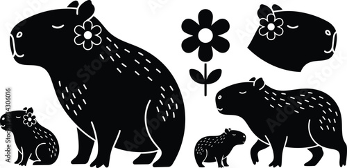 Minimalist vector art capybara family in profile with floral ear detail mother and baby sitting and walking side view black silhouette flat design cute calm composition