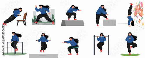 Set of Flat Style Professional Airplane Pilot Activities Character Illustration