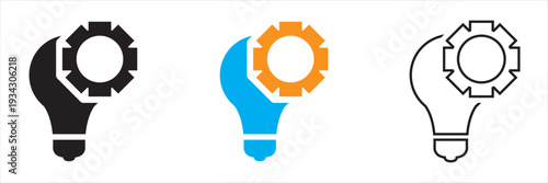 Innovation Idea and Gear Settings Icon. Representing creative ideas, innovation process, problem solving, technology development and smart solutions.