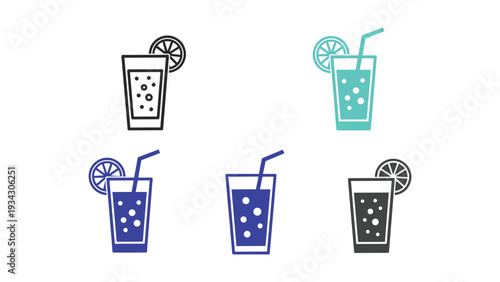 Four stylized drinks with different flavors and straws in a fun graphic design