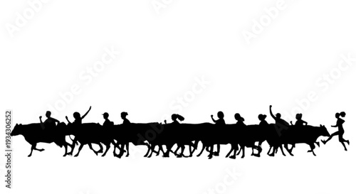 Silhouette of a group of people riding horses in a line across a field
