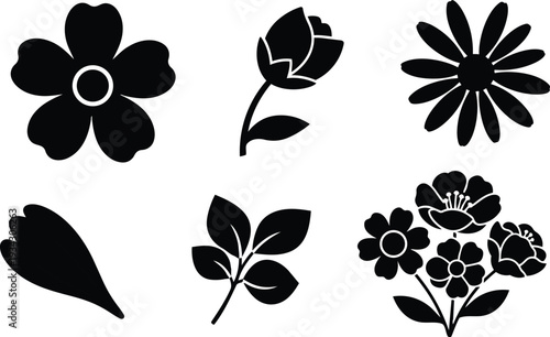 Minimalist flat vector floral icons close up six black flower and leaf silhouettes arranged in two rows flat graphic style clean decorative composition top view studio