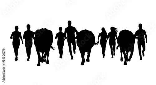 Silhouettes of people walking together in a line along a path.