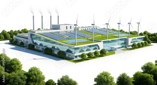 Modern Eco Friendly Building with Solar Panels and Wind Turbines.