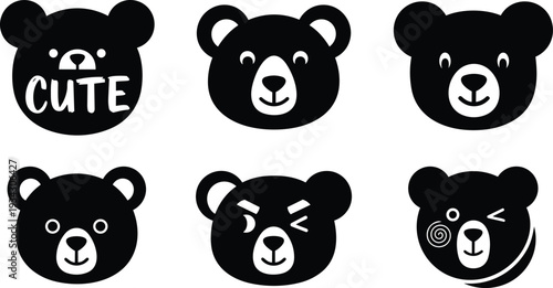 Flat design close up six bear face icons with varied expressions including wink angry smiling and cute word on black silhouettes on white background editable vector