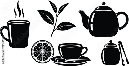 Minimalist black tea silhouette set close up teapot cup saucer steaming mug lemon slice tea leaves sugar jar with tongs side view flat vector icon collection