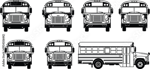 Classic School Bus Front and Side Views Collection in Black and White Detailed Vector Illustration Set