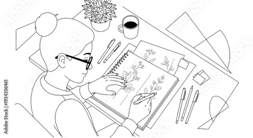 Artist Drawing Botanical Illustrations in Sketchbook - Line Art