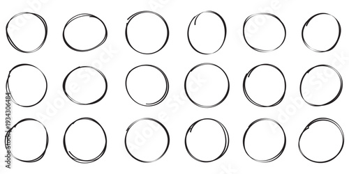 Hand drawn black and white circles and ovals set. Ellipses in red pencil doodle style. Round freehand shapes. Outline red drawing line clipart .