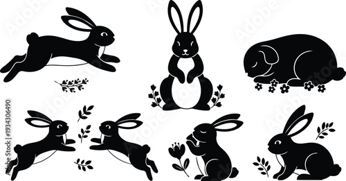 Minimalist black silhouette rabbit set showing leaping sitting sleeping and nibbling poses with floral accents flat design side view cute friendly charming decorative collection isolated ornamental