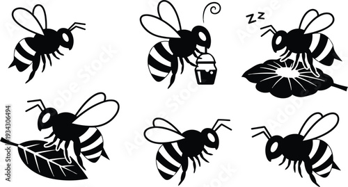 Minimalist vector art six honey bees in various poses collecting nectar on leaves and flower with close up flat black and white silhouette top view cute