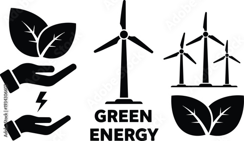 Minimalist flat design close up wind turbine icon with hand holding leaves energy bolt and grouped turbines centered composition black silhouette vector art eco symbol front