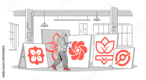 Artist Creating Floral Designs on Canvas in Workshop