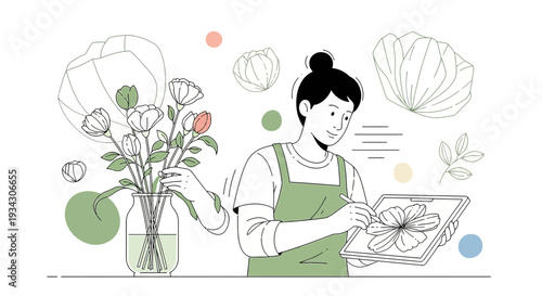 Artist Creating Floral Designs with Digital Tablet and Flowers