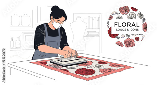 Artist Creating Floral Pattern Textile Design with Mask