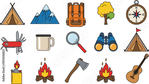 Colorful camping icon set with mountain tent backpack compass binoculars multi tool guitar axe campfire and magnifying glass vector illustrations for outdoor adventure travel.