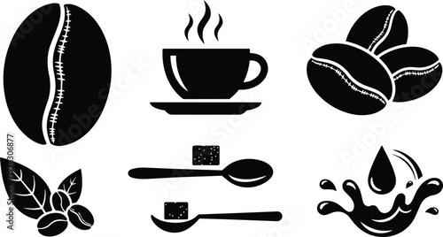 Minimalist black coffee bean icon set close up bean and three beans cup with steam saucer spoon with sugar cube leaves splash vector mockup png svg