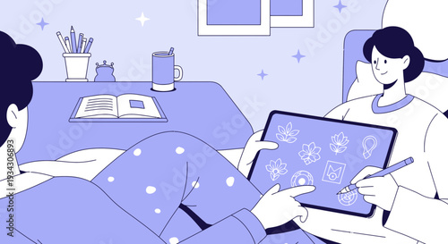 Artist designing floral logos on tablet, creative hobby at home, illustration