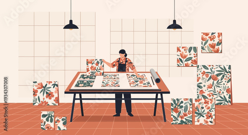 Artist Designing Floral Patterns in Studio